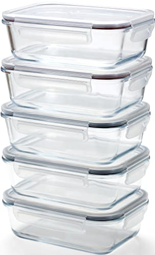 Franklin Lade Glass Food Storage Containers | 5 Piece Set 1040ml | BPA-Free Airtight LeakProof Lids | Food Containers | Glass Containers with Lids | Microwave, Oven, Freezer & Dishwasher Safe