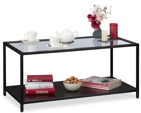 Relaxdays Couchtisch, Glasplatte & Metallgestell, Ablage aus MDF, moderner Wohnzimmertisch, HBT 45x100x50 cm, schwarz