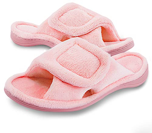 Git-up Ladies Memory Foam Slippers with Arch Support Adjustable Hook and Loop Women Slippers Diabetic Open Toe Soft Bedroom House Slippers for Indoor Outdoor Shoes UK4.5/5.5 US6.5/7.5 PINK