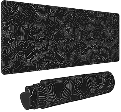 Grand tapis de souris topographique XL noir et blanc avec lignes de carte géographique, tapis de bureau extensible pour ordinateur, bords cousus en caoutchouc antidérapant, 80x30 cm