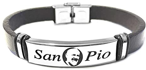 amorili Bracciale San Padre Pio in Pelle e Acciaio Inox | Gioiello Religioso di Fede e Protezione | Braccialetto Uomo Donna Elegante e Resistente | Idea Regalo Spirituale bcc0323