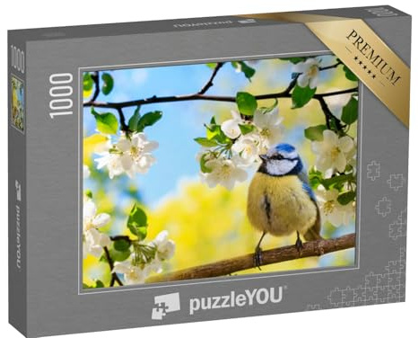 puzzleYOU: Puzzle 1000 Teile „Frühling: Blaumeise sitzt auf einem Zweig eines blühenden Apfelbaums“ – aus der Puzzle-Kollektion Vögel