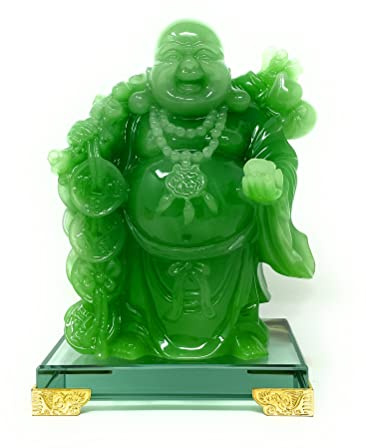 Houlu Statua di Buddha sorridente da 20,3 cm, decorazione per la casa, statuetta di Buddha felice fortunato verde, decorazione per interni per buona fortuna