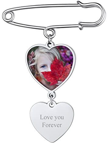 Custom4U Stainless Steel Photo Brooch Silver Gold with Picture Engraving Memorial Pendant Bridal Bouquet with Photo Pendant Silver for Wedding Boutonniere Pin Bouquet Charms