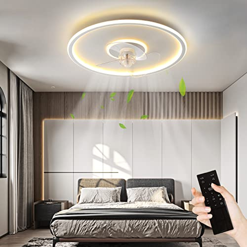 White Modern Indoor Flush Mount Ceiling Fan with Lights Remote Control, 6-Speed Timable Small Ceiling Fans for Bedroom/ Small Space