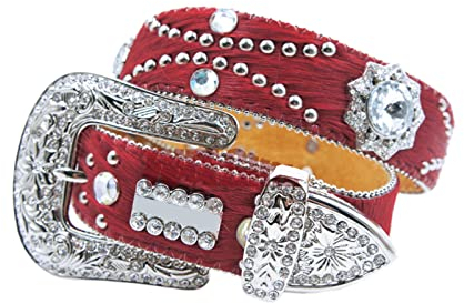JIARY Diamant Persönlichkeit Breiter GürtelStrass Nietengürtel für Frauen, Western Ledergürtel für Cowgirl Cowboy Vintage Gürtel für Hosen Kleid,Rot,115CM/45.3''