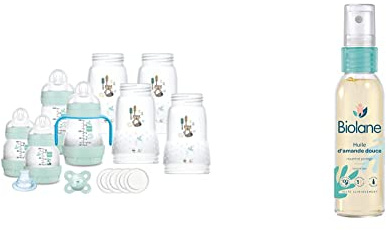 Mam Biberon anti-coliques Easy Start, 8 biberons en formats de 130 ml, 160 ml et 260 ml, 1 Start Nano, 4 disques d'étanchéité, 1 bec extra souple, 7 à 30 g & BIOLANE - Huile d'Amande Douce