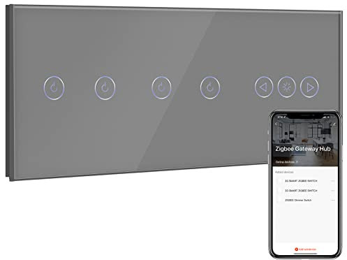 BSEED ZigBee Interruptor de Pared con Interruptor de Atenuador Gris,Double 2 Gang 1 Vía Interruptor WiFi,compatible con Alexa y Google Home,Control de APP y Función de Temporizador