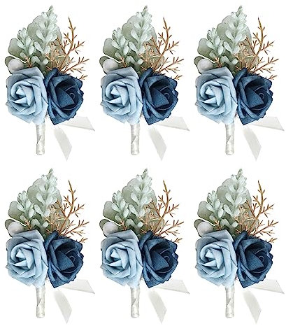 Tkasniy Blaue Rose Boutonniere und Corsage Set, 6 Stück Boutonniere für Männer Hochzeit mit Anstecknadel, Taschen-Boutonniere für Vintage-Hochzeitszeremonie-Dekor