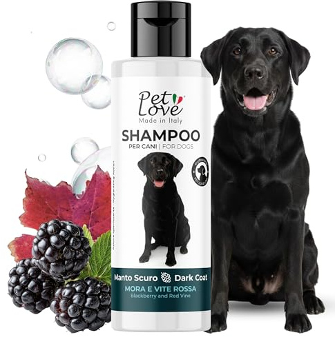 Pet Love Shampoo per Cani a Manto Scuro Delicato con Azione Nutriente e Igienizzante - Ideale per un Pelo Morbido e Luminoso dal Colore Intenso - Profumo di Mora e Vite Rossa - da 250 ml