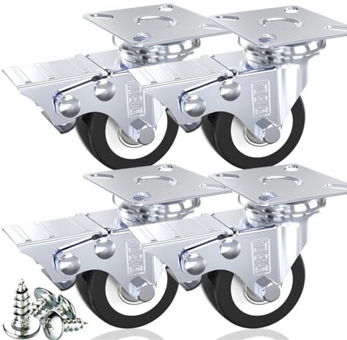 DSL Castor Wheels, Heavy Duty Castors 50mm, Caster Wheel Set of 4 Trolley Furniture Wheels - Double Bearing 4 Castor with Brakes Rubber up to 240KG + Free Fitting