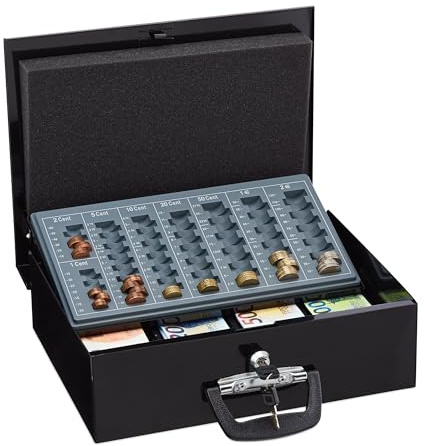 Relaxdays Caisse à Monnaie, verrouillable, monnayeur, 4 Compartiments pour Billets, Fer, HLP : 11,5x36x28,5 cm, Noire