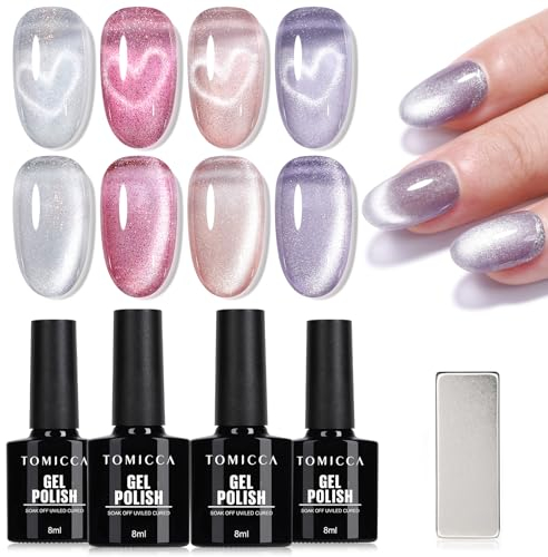 TOMICCA Cat Eyes UV Nagellack Set, 4 Farben Glitzer Rosa Gel Nagellack, UV LED Gel Nägel Polish Set für Anfänger Nagelstudio DIY Home, 8ML