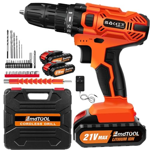 21V Cordless Combi Drill with 2 Batteries 1.5Ah, 2 Speed Electric Screwdriver Cordless Power Hand Drill, 45Nm Max Li-ion Battery Powered Drill, 25+1 Torque Setting, LED Light, 29pcs Drill Bit Set