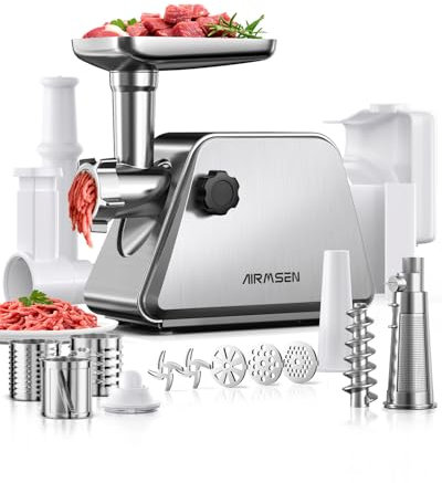 AIRMSEN 5 en 1 Picadora de Carne Eléctrica -Trituradora de Tomate Electrica Incluye 2 Cuchillas de Acero Inoxidable, 3 Discos de Molienda, 3 Accesorios para Cortar, Kubbe y Accesorios para Embutidos