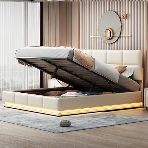 Zravenna Polsterbett Stauraumbett Hydraulisches Bettgestell, Doppelbett 180x200 cm mit LE-D, Bettkasten Stauraum unter dem Bett, Lattenrost Kopfteil, PU (Beige, 180x200 cm)