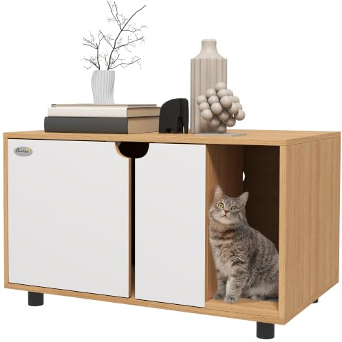 PawHut Maison de Toilette pour Chat, Meuble Cache litière pour Chat, Portes, Table d'appoint pour Animal Domestique, Tapis de Fuite de Sable, 2 Trous d'aération, Style scandinave, Naturel et Blanc