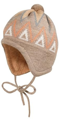 maximo Baby-Mütze, ausgenäht, Band Norweger Jacquard, Minipompon, Teddyfutter Made in Germany