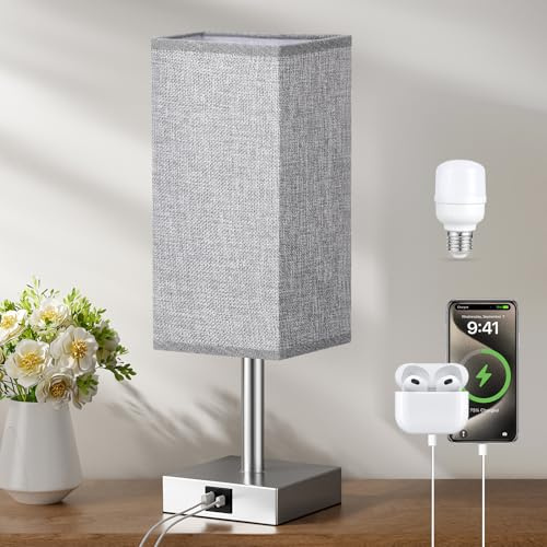 Aooshine Bedside Lamps, Touch Control Table Lamp with USB A+C Charging Ports, Lamps 3 Way Dimmable, for Bedroom Living Room-Coarse Grey Fabric Shade (LED Bulb Included)