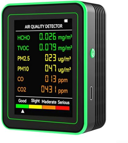 Hasaller Luftkvalitetsmätare 6-i-1 bärbar koldioxidmätare inomhus luftkvalitetsmätare fuktighetsmätare temperatur med CO PM10 PM2.5 HCHO TVOC och verklig temperaturskärm (svart)