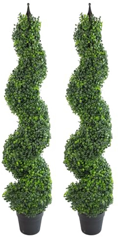 Pair of 120cm (4ft) Tall Artificial Boxwood Tower Trees Topiary Spiral Metal Top