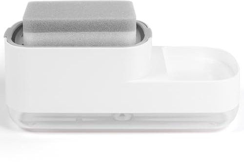 Dispensador de Jabón Premium 2 en 1 con Soporte para Esponja | 600 ml | Recipiente Transparente | Sistema Push de Espuma Instantánea | Organizador Compacto de Cocina (Blanco)
