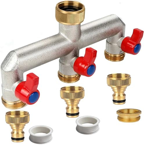 Promaxstar Brass Garden - Divisor para pantalones (1/2 y 3/4, conector de 3 vías con válvula de encendido/apagado y mango extendido, divisor de tubería de gran capacidad, temporizador de dos vías de