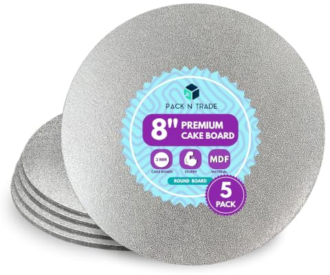 Pack N Trade 8 Inch Round Cake Boards – Pack of 5 Double Thick 3mm Cardboard, Foil-Finished Both Sides, Reusable & Sturdy Cake Base for Baking, Decorating, and Display
