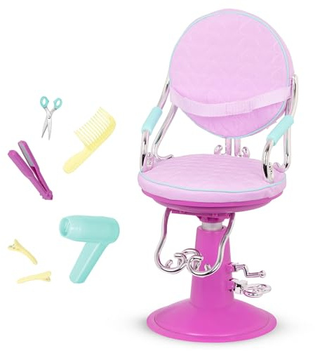 Our Generation Sitting Pretty Salonstuhl – Verstellbarer Friseurstuhl | Salonstuhl mit Sicherheitsgurt, Fußpedalen und 6 Styling-Accessoires für die meisten 46-cm-Puppen, 3+ Jahre