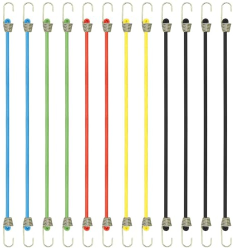 Funalix Lot de 12 mini cordons élastiques indéchirables avec crochets - Pour vélo, bagages, bâche, voiture, camping-car et camping en plein air (multicolore/25,4 cm)