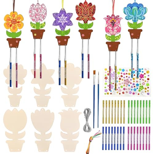 12 Stück Windspiel Bastelset Kinder Blumen Windspiele Holz Klangspiel Basteln Bastelideen Kindergeburtstag für Basteln DIY, Dekorationen, Geschenk