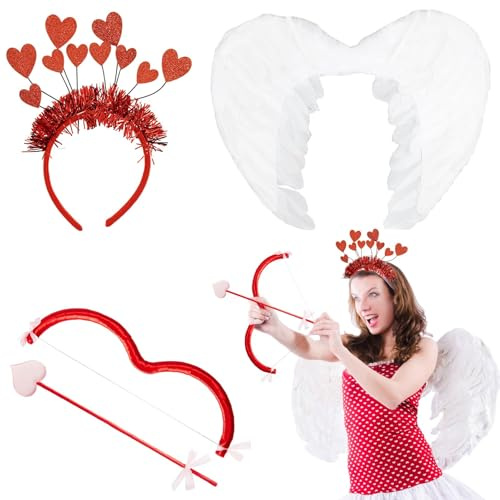 Romantische Damen Kostüm Amor pfeil und bogen,Engel Flügel,HerzHaarreif | Romantische Amor Kostüm Accessoires für Mädchen Damen Halloween Karneval Valentinstag Party Zubehör