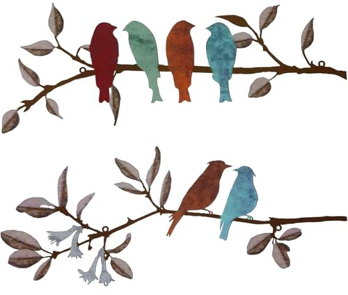 Decorazioni da parete in metallo, 2 pezzi di uccelli vividi su ramo arte della parete di uccelli in metallo, arredamento di immagini di appesi, ornamenti rustici per casa da giardino balcone