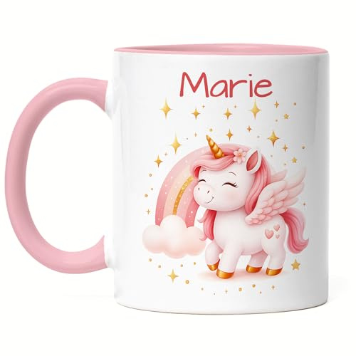 Kiddle-Design Einhorn Tasse Kinder Personalisiert mit Name - Kinderbecher für Kita, Kindergarten - Kindertasse mit Einhorn-Motiv als Trinkbecher, Zahnputzbecher - Einhorntasse Emaille Blau