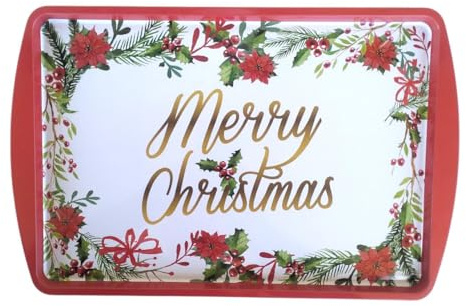 Vassoio Natalizio Decorativo in Latta, Design Merry Christmas con Poinsettia e Agrifoglio, Bordo Rosso, Stile Festivo per Servire 35X24 CM