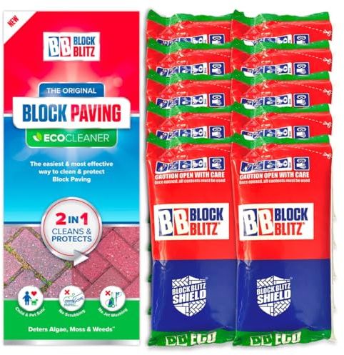 Block Blitz Block Paving Eco Treatment – Outdoor Surface Cleaner 10 x 390g Pouches – Removes Algae, Moss & Black Marks – Covers up to 150m² – Easy Mix Formula for Patios, Paths & Driveways