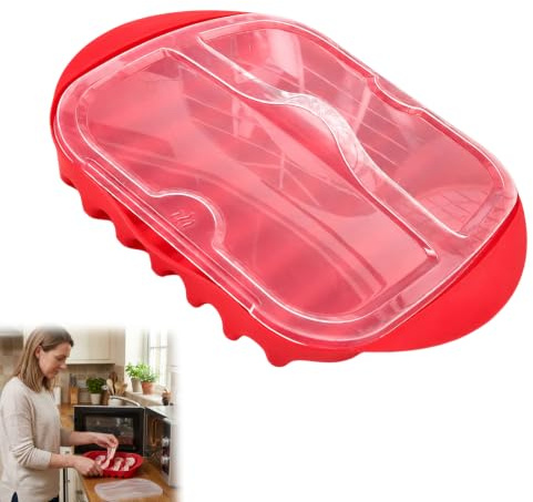 GYTFOG Microwave Bacon Crisper with Lid, Microwave Bacon Cooker Maker, Red | Reusable Food Grade Splatter Proof Maker, Grooved Cooking Tray for Kitchen Gadget