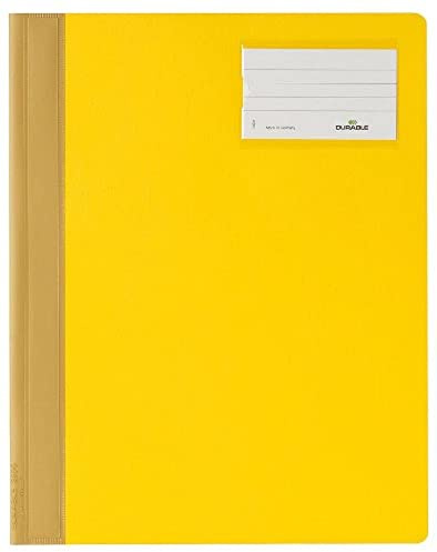 Durable Schnellhefter für A4 Überbreite, gelb, 25er Packung, 250004 | Hartfolie, für Prospekthüllen geeignet, Sichtfenster für Visitenkarten, kunststoffummantelte Mechanik