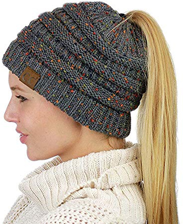 ZiXing Pferdeschwanz Mütze Damen Mädchen Winter Warme Strickmütze Beanie Cap mit Loch für Zopf Dunkelgrau OneSize