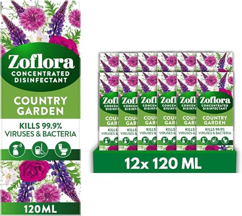 Zoflora Country Garden All Purpose Concentrated Disinfectant Liquid, 12 X 120 ml Antibacterial and Multi-Surface, Pet Safe Disinfectant, Kills 99.9 Percent Of Bacteria and Viruses | Antibacterial multi-surface cleaner, kills 99.9% of germs and viruses, pet safe all purpose formula
