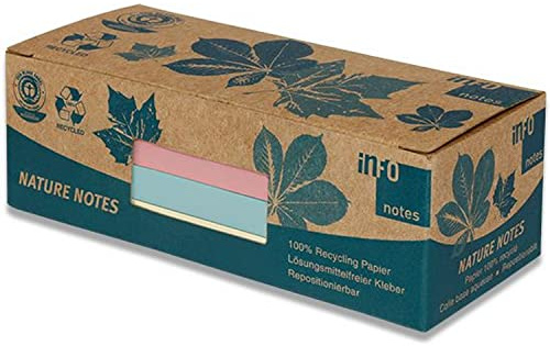100% Recycling Haftnotizen, pastellmix, 50 x 40mm, zertifiziert mit dem Blauen Engel, 100 Blatt pro Block, 12 Blöcke in Recycling Box verpackt