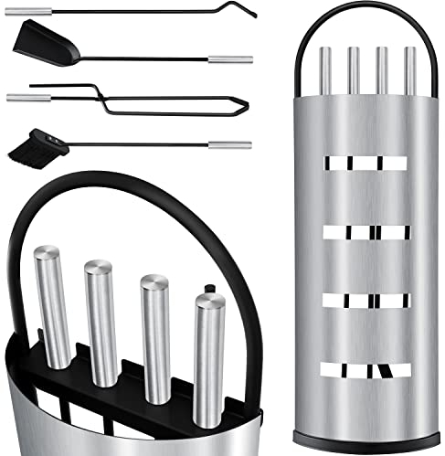 KESSER® Accessori per camino Kit caminetto da 5 pezzi - design moderno, rivestito, Set per caminetto 5 pezzi: scopino, paletta, attizzatoio, pinza, supporto porta-attrezzi, d'argento