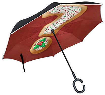 Mnsruu Invertierter Regenschirm, Weihnachts-Kekse, doppelschichtig, UV-Schutz, wasserdicht, Rückseite mit Reflektorstreifen