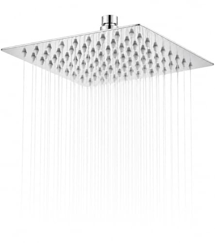 SIEYESCITY High Pressure 8 Inch Square Rainfall Shower Head, 304 Stainless Steel Ultra Slim Overhead Rain Shower Head with Silicone Nozzles, Angle Adjustable, G1/2 Fitting - Polished Chrome