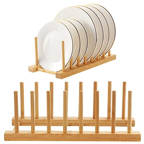 Kinsinder 2 st bambu dräneringsställ 8 stänger 7 spår kök trä bambu hållare tallrik förvaring bricka ställ dränering platta stativ - lämplig för förvaring CD servis bok vinglas