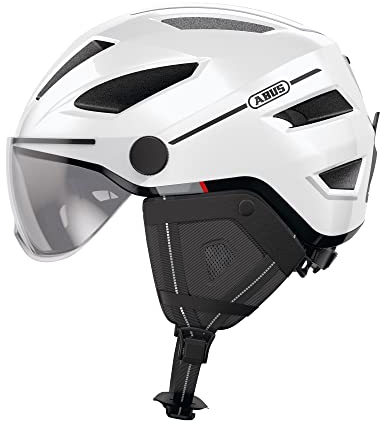 ABUS Stadthelm Pedelec 2.0 ACE - Fahrradhelm mit Rücklicht, Visier, Regenhaube, Ohrenschutz - für Damen und Herren - Weiß Glänzend, Größe S