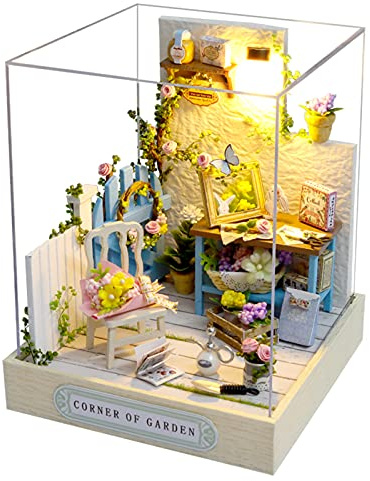 CUTEROOM DIY Mini Dollhouse Wooden Furniture Kit, Maison Petite Maison avec boîte à Musique pour Assembler Jouets Cadeaux d'anniversaire (Corner of Garden)