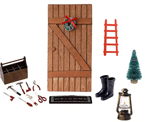 Super Idee Wichteltür mit Wichtelwerkzeugkiste Metallwerkzeugen und Zubehör Stiefel Laterne Weihnachtsbaum Dekokranz Holzleiter Weihnachtswichtel Tür Set Miniatur Nissedor Dänische Deko für Kinder