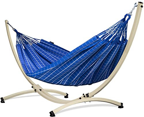 Potenza Outdoor Hängematte mit Verzinkter Gestell für 2 Personen I 100% Baumwolle Catargo Doppelhängematte XXL 220x160, 220kg I Hängemattengestell 220kg, wetterfest (Blau, Gestell Ecru)