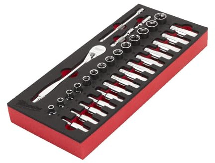 Milwaukee 3/8 Ratschen- und Steckschlüsselsatz Schaumstoffeinsatz für 30“ Werkstattwagen 32 Stück